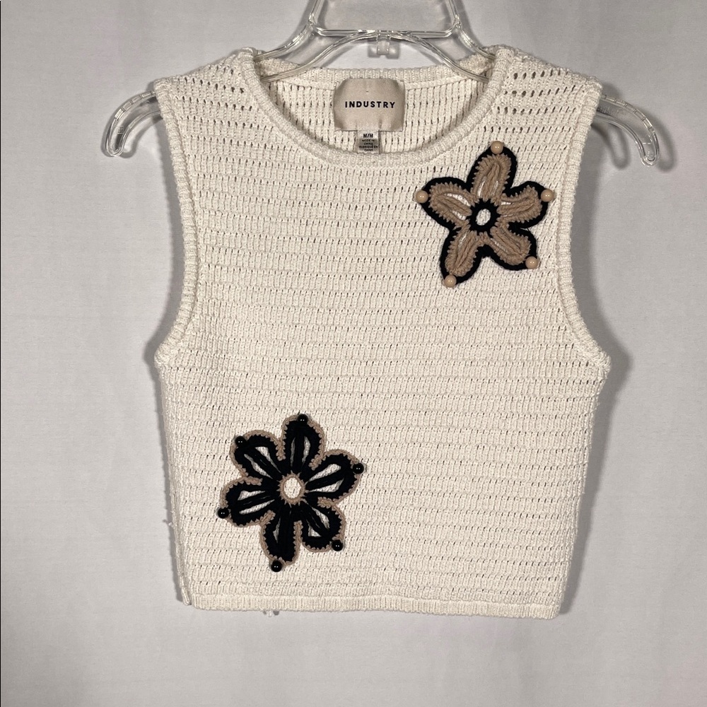 INDUSTRY REPUBLIC WOMENS KNIT CROCHET BLOUSE WHITE FLORAL MEDIUM